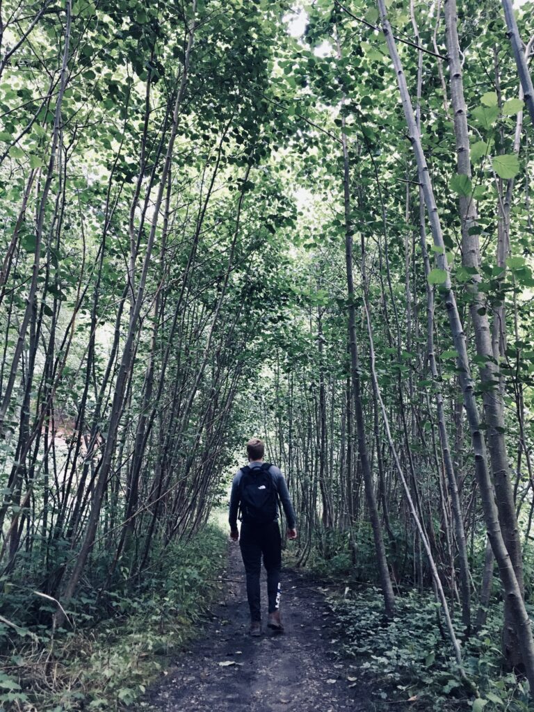 Daniel på vandretur ved mølleåen. Han går blandt høje træer.